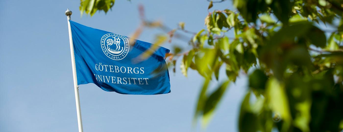 Flagga med Göteborgs universitets logotyp
