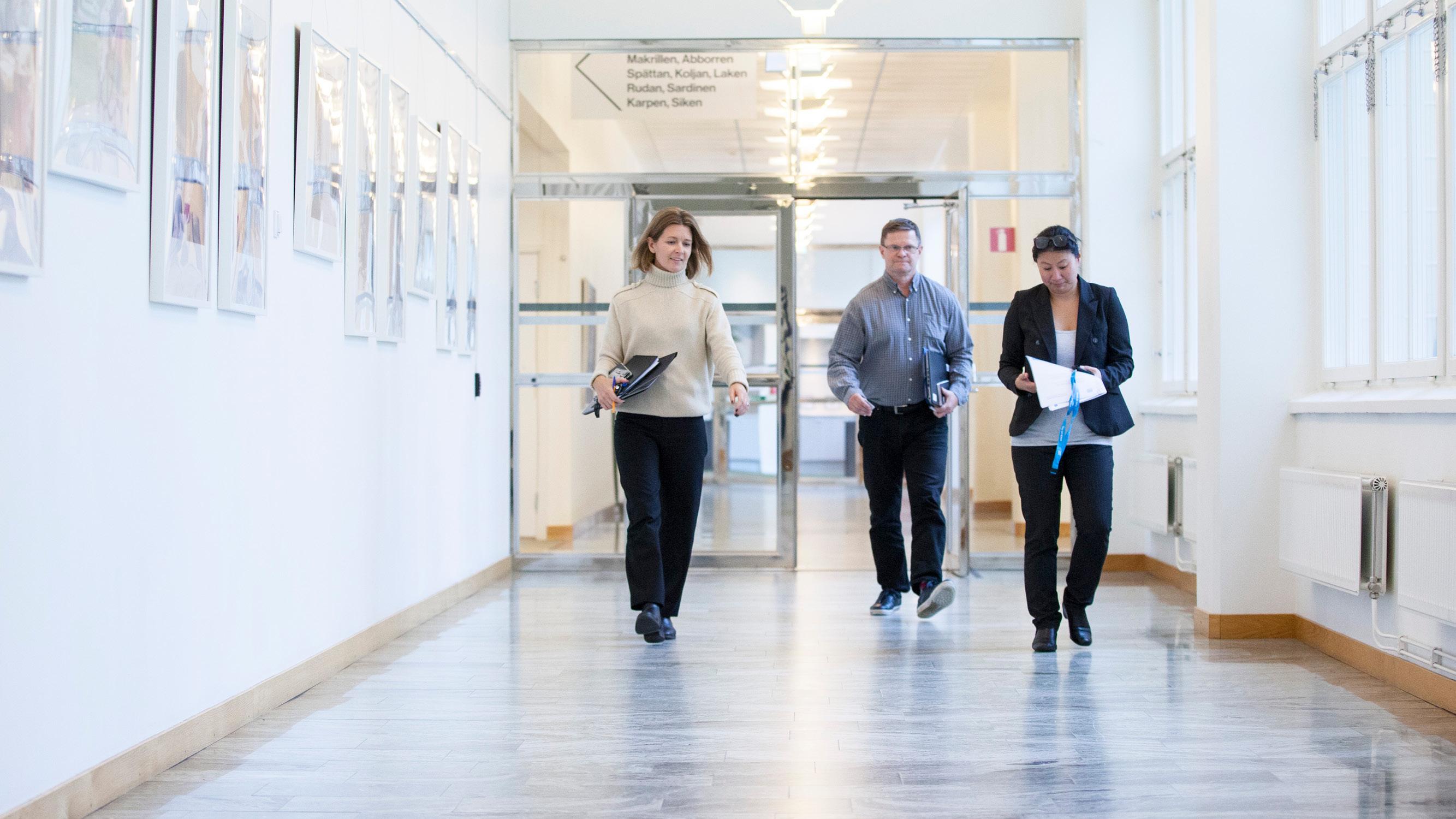 Tre försäkringsutredare går i en korridor